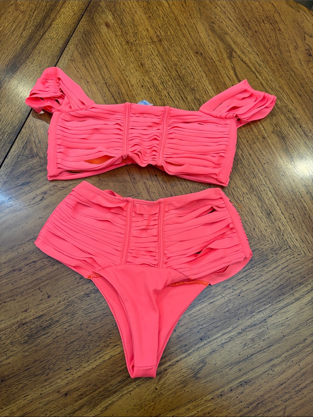 Coral Ruched Off-Shoulder High-Waist Bikini - Women Swim Bikinis